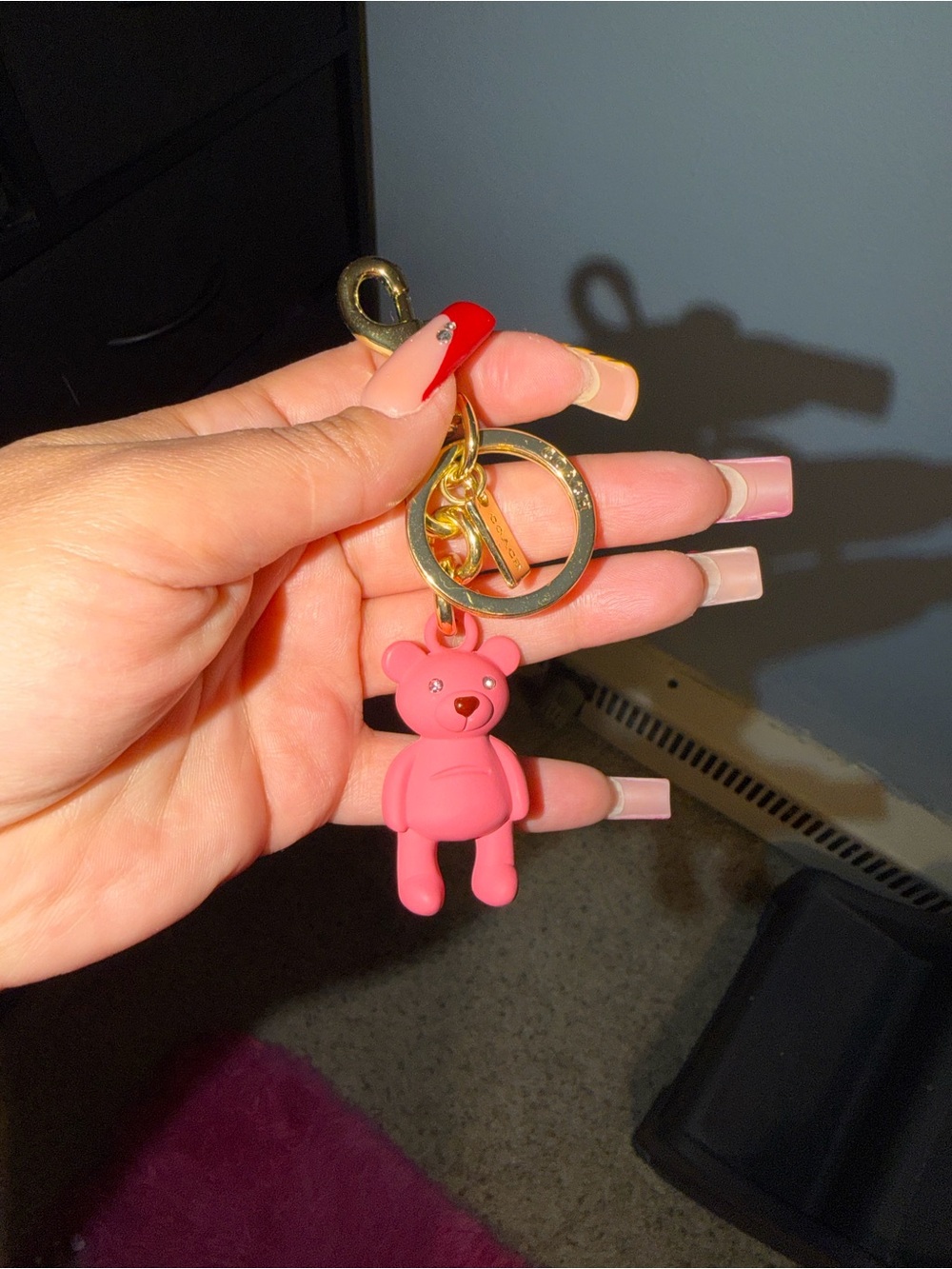 Coach Pink Bear Keychain Card Holder Charm with Gold Hardware